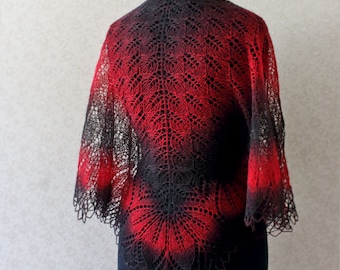 Hand knit shawl wool shawl in black and red colorway