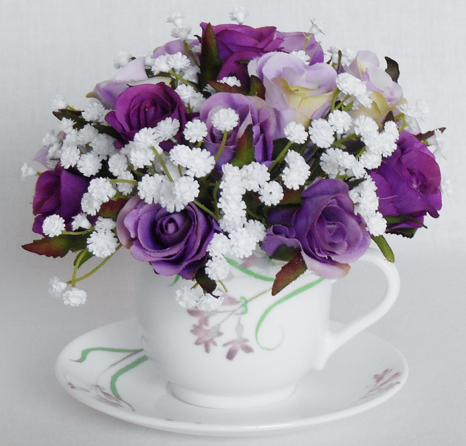 Teacup Silk Flower Arrangement Purple & Lavender Rosebuds