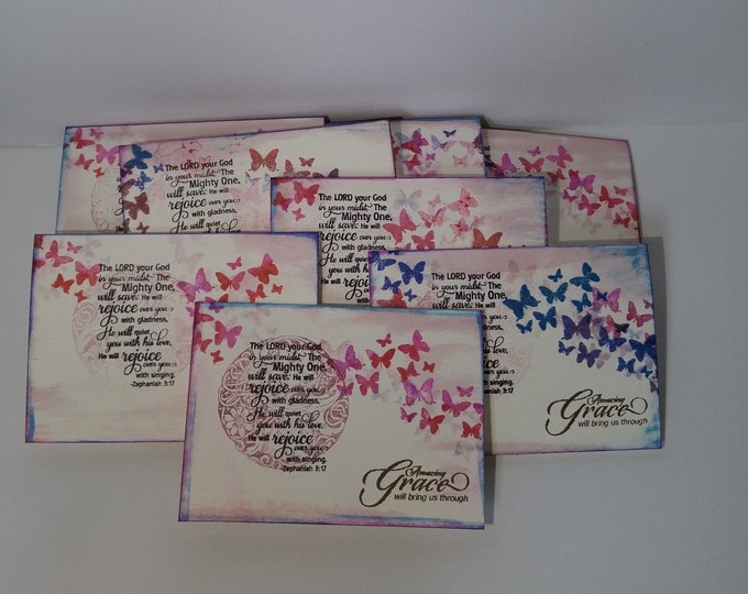 8 Christian Notecards, Handmade, Zephaniah 3:17, God in your midst, mighty one, rejoice over you, butterflies, Amazing Grace, Blank inside