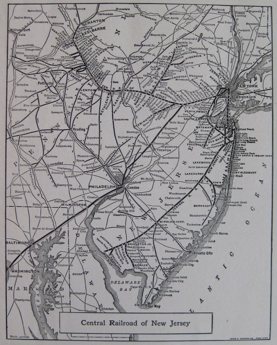 1925 CENTRAL RAILROAD of New Jersey Map Black and White