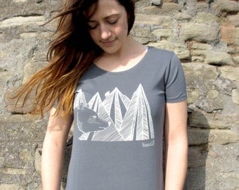 Organic Womens T-shirt 'Mountain Bear', hand screen printed with eco-friendly inks. Featuring a bear in front of a mountain range.