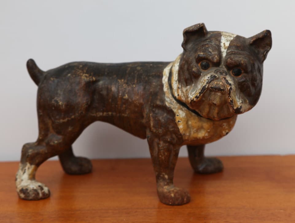 Antique HUBLEY Bulldog Doorstop Cast Iron Brown and White