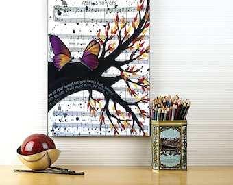 Original Butterfly Painting On Canvas - Unique Engagement Gift, Purple Acylic Butterfly Art on Sheet Music