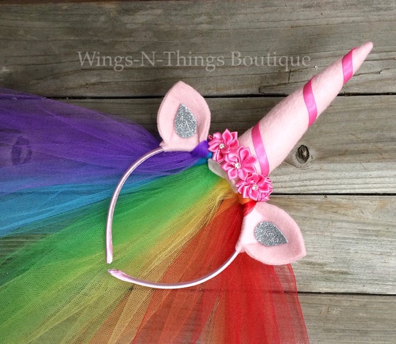 PINK RAINBOW UNICORN Flower Crown Headband w/ tulle veil Hair
