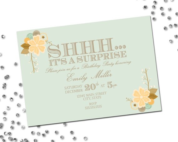 Surprise Birthday Party Invitation - Surprise Birthday - Blue Cream and Brown Flowers - Printable Il_570xn