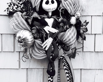 Nightmare Before Christmas Wreath for the Door, XL Jack Skellington Wreath, Black and White Stripes, Pumkins