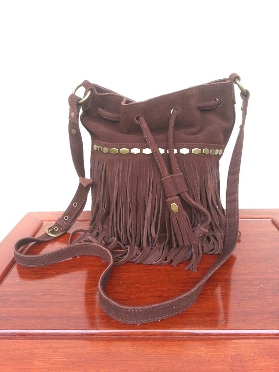 Brown Suede Fringe Bucket Crossbody Bag