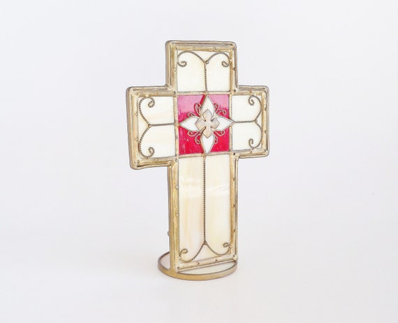 Stained Glass Brass Cross Candle Holder by SunshineSurprises