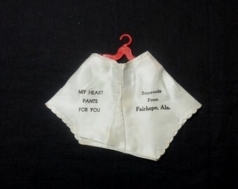 1960s Vintage Valentine Gift, Souvenir from Fairhope, Alabama, Doll Size Satin Panties with Red Hanger, My Heart Pants for You, Valentine