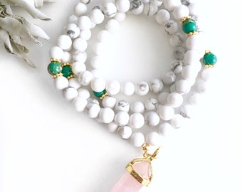 108 Love Mala Necklace, Yoga jewelry, Prayer beads, Healing stones, 108 Mala Beads necklace, Howlite Mala, White Mala, Rose Quartz Mala,MHGJ