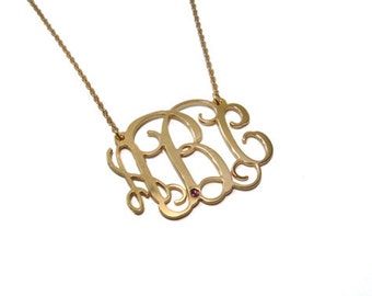Monogram Necklace 1.25" Personalized. Birthstone monogram necklace. Gold plated sterling silver 925. Monogram jewelry. Birthstone necklace.