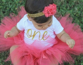 First Birthday Outfit Girl...Birthday Tutu Outfit...Coral and Gold First Birthday Outfit...Coral Tutu Bodysuit Headband Set...1st Birthday