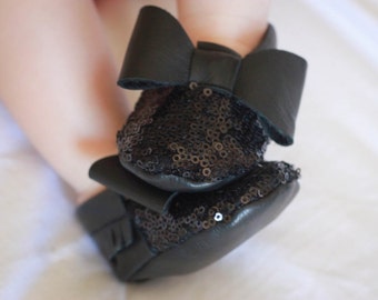 Black Sequin Baby Moccasins/ Leather Moccasins/ Baby Shoes Girl/ Toddler Moccasins/ Kids Moccasins/ Newborn Moccasins/ Baby Gift/ Mocs