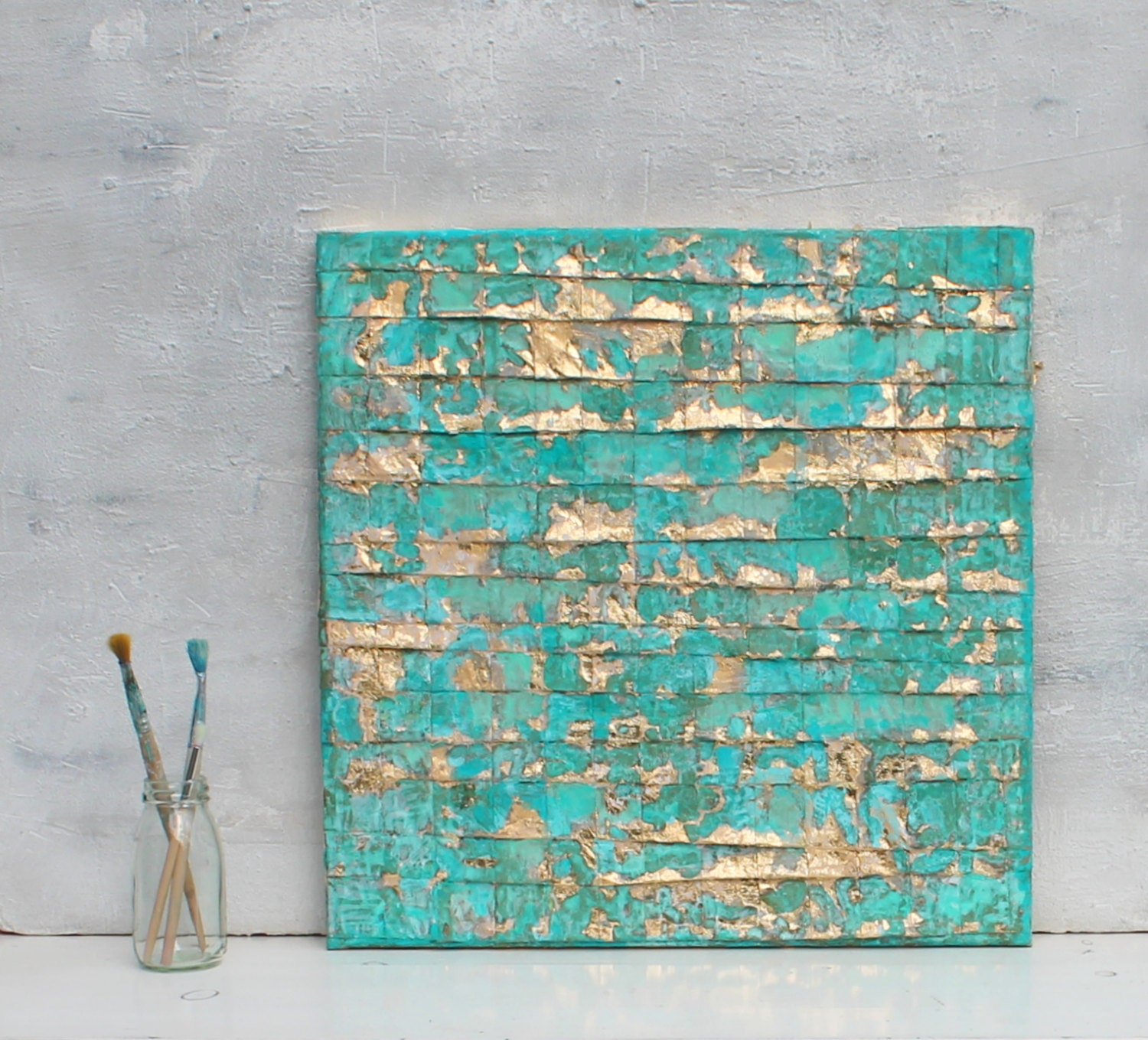 Abstract painting turquoise gold art gold leaf contemporary