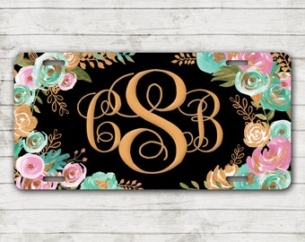 Classy Mint & Gold Floral Front License Plate Personalized Monogrammed Car Tag Car Accessories Gift Sweet 16 Cute Car Accessories For Women