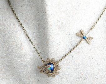 Dragonfly Necklace, Black Dragonfly Pendant, Jet Black Woodland, Midnight Blue, Nature Jewellery, AB Crystal Necklace N028