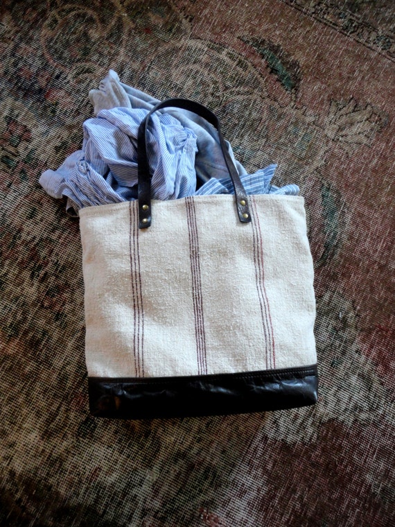 HOMESPUN LINEN TOTE Repurposed Bag Purse with Grain Sack