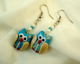 Blue beige feather owl earrings, Handmade polymer clay fimo little owl modern jewelry, Cute forest creature kawaii, Bird wing accessories