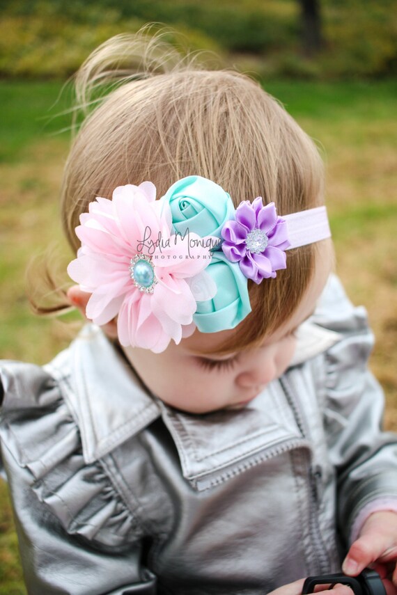 997 New baby headbands easter 382 Baby headbands, baby easter headbands, pink lavender and aqua flower   