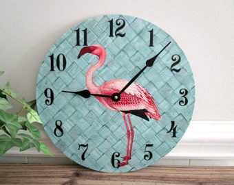 Flamingo Wall Clock - Tropical Beach Wall Clock - Pink Flamingo Decor - Aqua & Pink Florida Decor - Unique Wall Clock - Upcycled Wall Decor