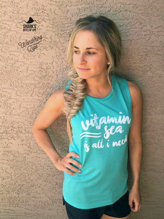 vitamin sea is all i need, summer shirt, marbled blue tank, women's apparel muscle tank by shark's bites of life and wandering type