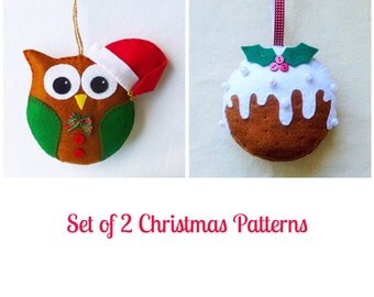 Set of 2 Felt Christmas Ornament Patterns, Santa Owl and Christmas Pudding, Tutorials, Instant Download, Easy Step-by-Step Instructions