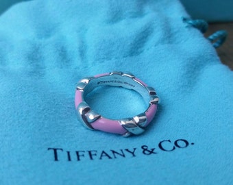 Retired Tiffany & Co Pink Enamel and Sterling Silver Signature X Ring, Vintage Tiffany and Co Enamel Stacking Ring, Tiffany Stacking Ring
