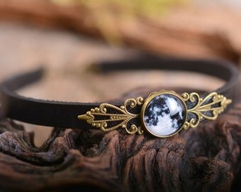 Choker necklace, full moon choker, space choker, black leather choker, adjustable choker, antique brass choker, genuine leather choker