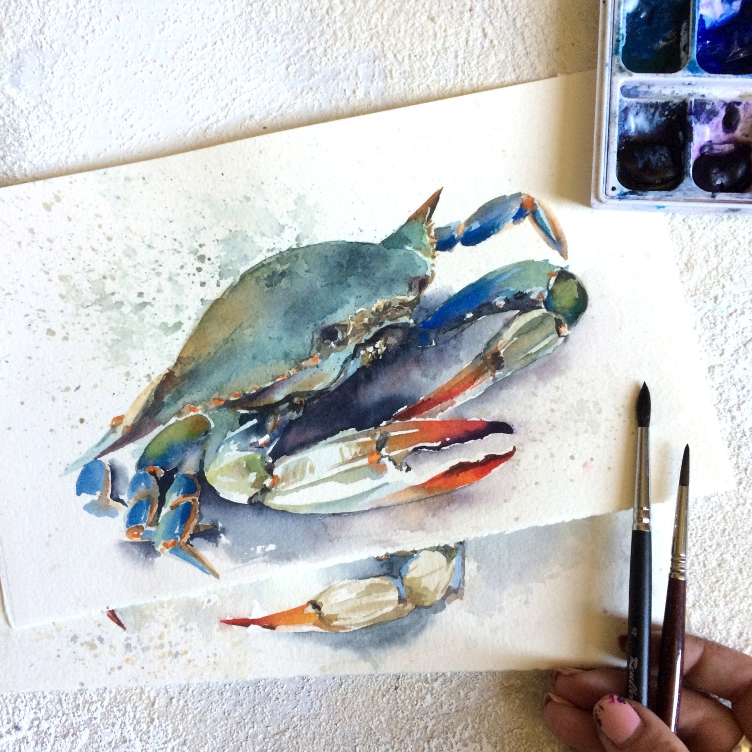 Crab Watercolor Original Painting Sea Creatures Blue Crab