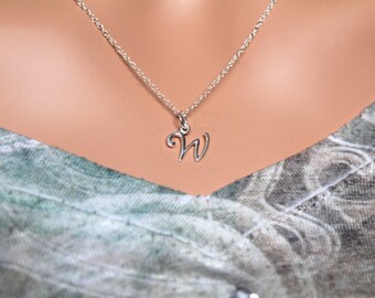 Sterling Silver Cursive W Initial Necklace, W Letter Necklace, Cursive W Initial Necklace, Silver W Letter Necklace, W Letter Necklace