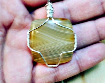 Botswana agate wire wrapped pendant necklace on sterling silver-botswana agate necklaces-agate necklaces-botswana agate jewelry-yellow stone