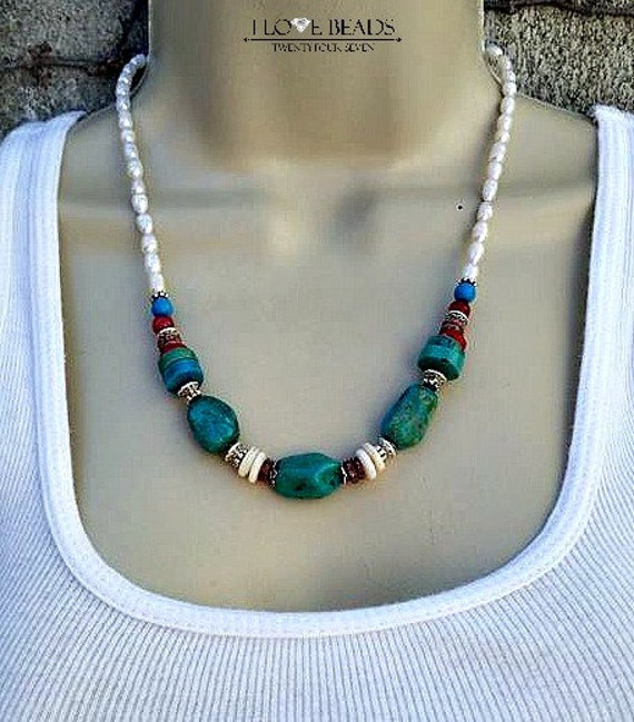 turquoise and freshwater pearl necklace-tombolo by ILoveBeads247