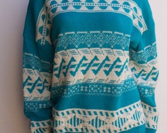 Early 80's Vintage Teal & White Oversize Diane Von Furestenberg Acrylic Sweater