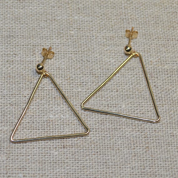 Gold Dangle Triangle Earrings - Long Drop Earrings - Triangle Dangling Stud - Post Earrings - Triangle Drop Earrings