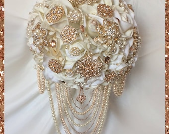 Rose Gold Brooch Bouquet, Brooch Bouquet, Rose Gold Cascading Brooch Bouquet, Full Price 200.00 & up, Reserve with only a deposit!