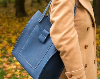 Blue oversized leather bag Genuine soft leather by InBagWeTrust
