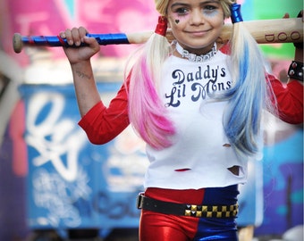 Harley Quinn inspired Shorts. Girls Red/Blue Metallic shorts.