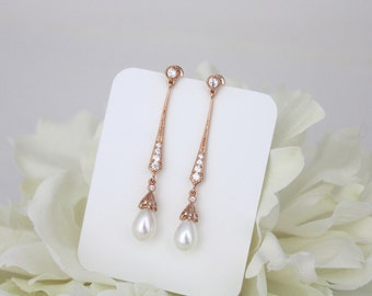 Long rose gold earrings, Long Bridal earrings, Art Deco earrings, Pearl drop earrings, Wedding jewelry, Freshwater pearl earrings, Vintage