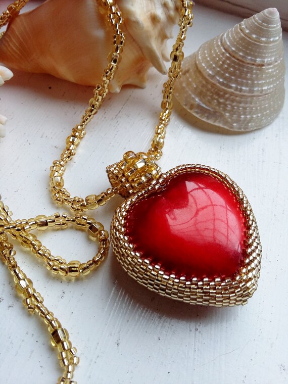 Gold Beaded Red Heart Pendant Necklace