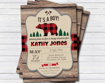Lumberjack baby shower invitation. Rustic wood bear it's a boy baby shower invitation. Couple baby shower, coed baby shower invitation. B194