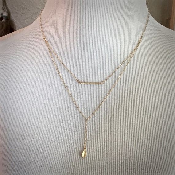 14K Gold Bar & Leaf Double Layered Necklace by WillowDistrict