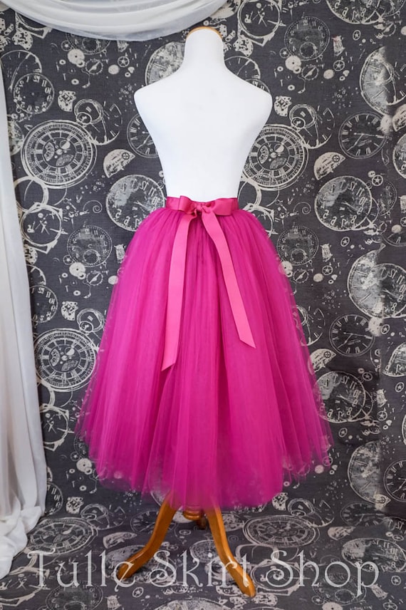 Hot Pink Tulle Skirt With Ribbon Waistband Adult Tea Length 