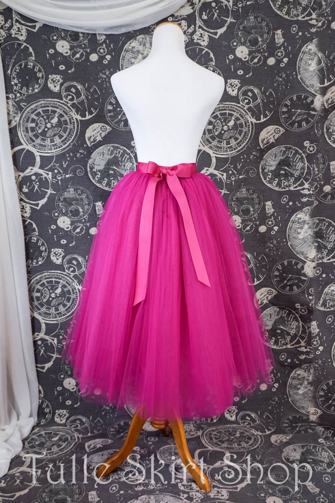 Hot Pink Tulle Skirt With Ribbon Waistband Adult Tea Length 0658