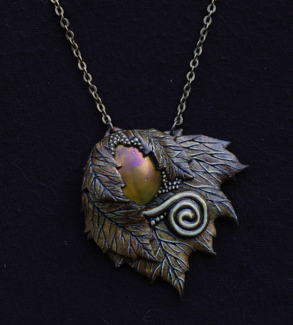 Autumn Leaf Necklace Polymer Clay Glass Green Gold Yellow