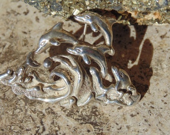 D'Molina ~ Vintage Sterling Silver Dolphins Playing in the Surf Pin