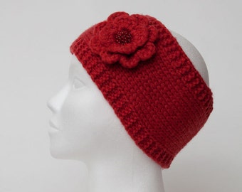 Knit headband Red Wool headbands Knitting Headband Flower Knitted headbands Red knit hat flower wool Tricoter bandeau Wool headband