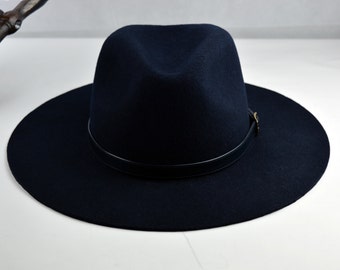 Navy Blue Outdoor Fedora - Wide Brim Wool Felt Handmade Outdoor / Western / Fedora Hat - Men Women