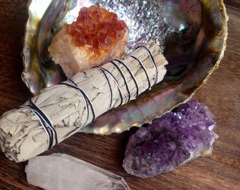 Smudge Kit Cleansing Kit Crystal Kit Cleansing Raw Crystal Healing Crystals and Stones Alter Kit Meditation Stones Sage Set Sage and Crystal