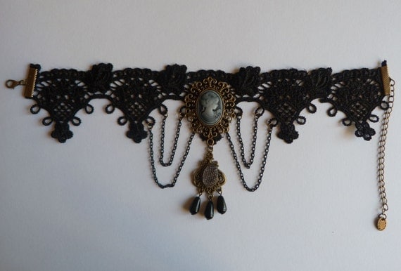 Black Lace Gothic Choker, Victorian Lace Choker, Victorian Cameo Necklace, Steampunk Choker, Elegant Jewelry, Gothic Jewelry,Cosplay Jewelry by TheArtOfBeinAGirl steampunk buy now online
