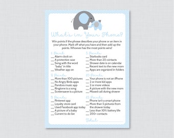 Elephant Baby Shower What's in Your Phone Game - Printable Phone Raid Game - Blue Elephant What's in Your Phone Game - 0024-B
